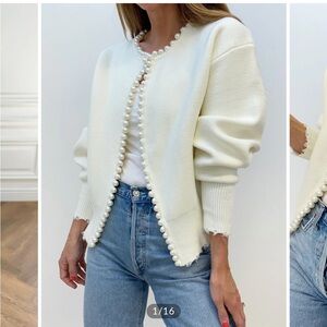 Commense cream cardigan with pearl trim and ripped hems size small